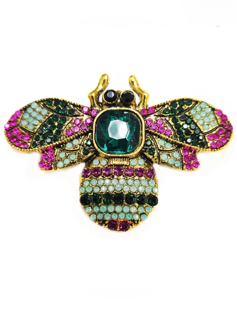 Jade Gold-Tone Bee Brooch with Green and Pink Crystals by Aratta